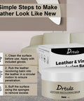 Top Shelf Leather Recoloring Balm And Rich Color Restorer Conditioner For Couches Faded Sofas Scratch Remover No Fuss Touch Up shown with application steps.