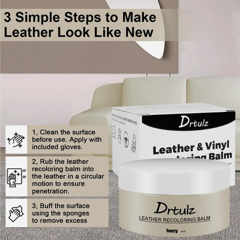 Top Shelf Leather Recoloring Balm And Rich Color Restorer Conditioner For Couches Faded Sofas Scratch Remover No Fuss Touch Up shown with application steps.