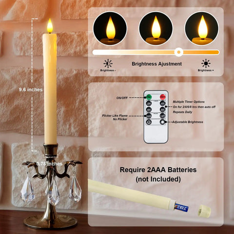 2 Pack Flameless Taper Candles With Remote And Timer, 9.6 Inch Ivory LED Battery Operated Wax Style Candles, close-up view