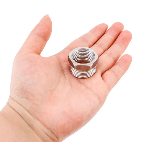 Auto Fill Float Valve 1/2 To 3/4 Inch With 304 Stainless Steel Construction, Durable Water Level Shutoff Valve For Trough Systems, Includes 2 O-Rings, Elbow, And 1/2 To 3/4 Inch Adapter. 304 stainless steel threaded adapter in hand