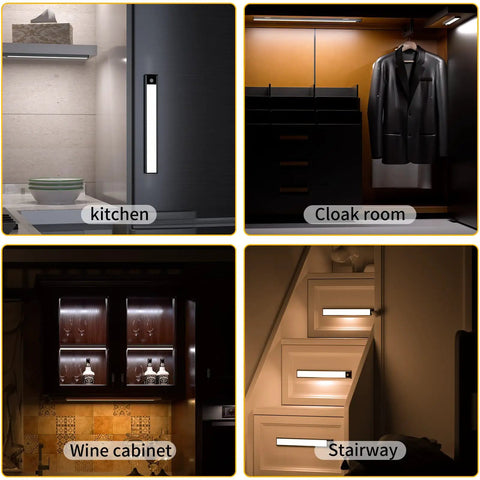 Motion Sensor Closet Lights Wireless Under Cabinet No Fuss Night Lights Kit With Magnetic Strip in various home settings.