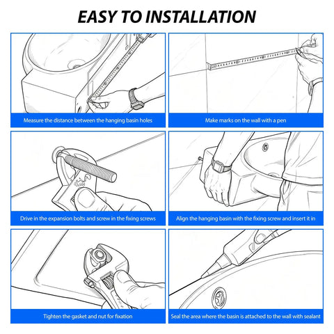 Installation guide for CHIKESI 24"x14" Wall Mount Sink, White Rectangular showing steps for wall mounting.