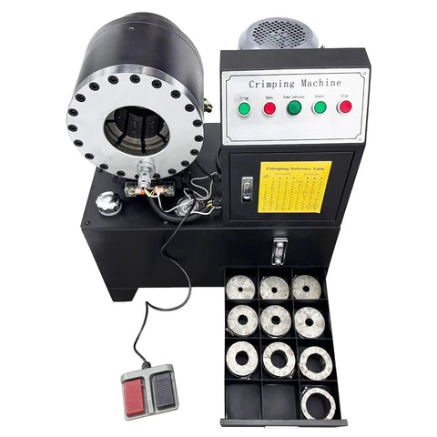 Rugged Electric Hydraulic Hose Crimping Machine With Ten Interchangeable Dies And Badass 3600 KN Crushing Force For No Sweat Rubber Tube Fixes On Any Workbench Today, showing detailed machinery and die sets.
