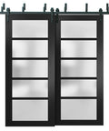 Quadro 4002 Bypass Interior Barn Sliding Doors With Frosted Glass And MDF 84x96 Inches Black Modern Style Built To Last Hardware