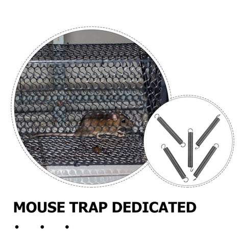 Heavy Duty Steel Mechanical Extension Spring For Mouse Cage 10 Pack Dual Hook Tension Springs next to mouse in cage