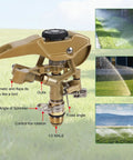 Heavy Duty Zinc Alloy Impact Sprinklers 2 Pack With Tough As Nails Build And 360 Degree Adjustable Spray Arc Making Backyard Irrigation Easy Peasy With Smooth Half Inch NPT Hookups For Any Patio Rig close-up of adjustable sprinkler head showing parts and features.