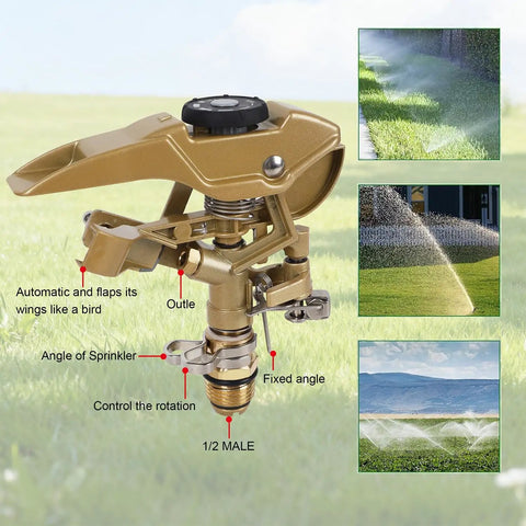 Heavy Duty Zinc Alloy Impact Sprinklers 2 Pack With Tough As Nails Build And 360 Degree Adjustable Spray Arc Making Backyard Irrigation Easy Peasy With Smooth Half Inch NPT Hookups For Any Patio Rig close-up of adjustable sprinkler head showing parts and features.
