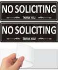 Two Pack No Soliciting Sign For Front Door Aluminum Metal Self Adhesive Built Tough Rust Free No Fade 7.5 By 2.5 Inches High Visibility White On Black Sign For House Home Office Window