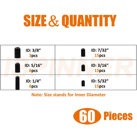 Get Your Ride Runnin Smooth With This 60-Piece Rubber Vacuum Caps Assortment Kit For Carburetors And Manifolds Featuring Versatile 3/16 5/32 7/32 1/4 5/16 And 3/8 Sizes Designed To Stop Leaks Fast And Keep It Fresh. size chart with black rubber vacuum caps, 60 pieces, ID sizes