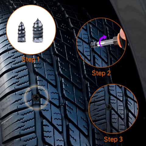 Repair process with 100 Piece Tire Plug Repair Kit No Tire Removal Needed Patch Tools With Portable Storage Bag For Quick Flat Tire Fix