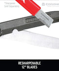 Close-up of resharpenable 12-inch forged steel blade of hedge shears with red sharpener, showing durability and functionality.