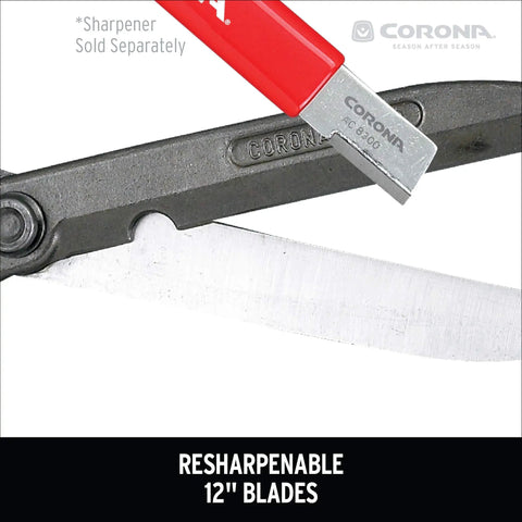 Close-up of resharpenable 12-inch forged steel blade of hedge shears with red sharpener, showing durability and functionality.