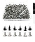 Badass Silver Cone Spikes And Screws Pack Of 120 Pairs For Jacket Belt Bag Shoe Decoration 7X10MM Screwback Rivets displayed in clear case.