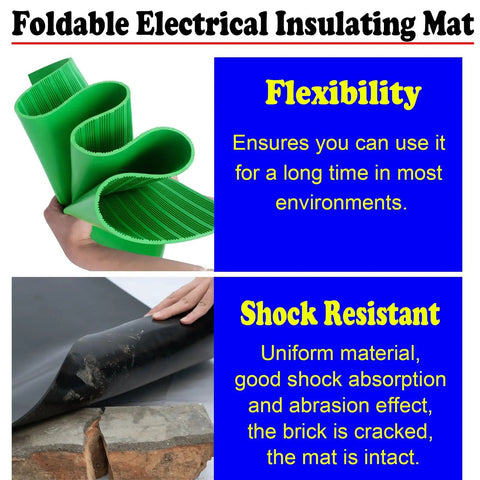 Built Different Heavy Duty 35 KV Insulating Rubber Flooring Mat Anti Static Industrial Grade Safety Thick Cuttable Electric Shock Protection Pad Black, showing flexibility and shock resistance features.