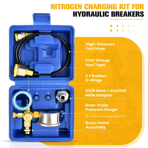 Hydraulic Breaker Nitrogen Charge Kit With Gauge And Hose 0-1420 PSI 0-98 Bar G5/8 To CGA580 Adapter For Excavators Post Drivers And Heavy Equipment Built Tough With Stainless Steel Gauge Case