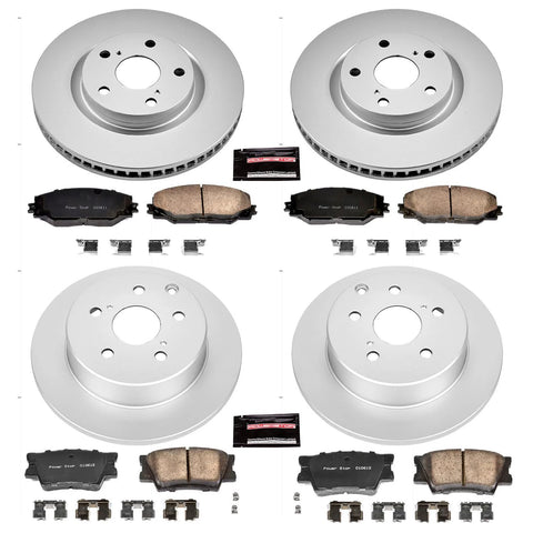 PowerStop CRK4101 brake kit for Toyota RAV4 2006–2018: front/rear fully coated silver rotors, Z17 ceramic pads, hardware.