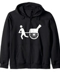 Dope Urban Cycle Cargo Zip Up Hoodie With Cozy Heavyweight Cotton Classic Fit Vintage Streetwear Graphic Black pullover with wheelbarrow design.