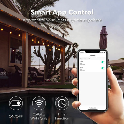 Smartphone app control for 48 Feet Outdoor String Lights With 24 LED Bulbs, Smart Dimmable Shatterproof Patio Lighting, 2.4 GHz WiFi Bluetooth App