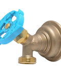 Straight Up Pro Grade 3/4 Inch Push To Connect Brass Hose Bibb with blue valve, ideal for outdoor hookups in tight spaces.