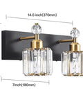 2 Crystal Vanity Light In Black And Gold Modern Over Mirror Wall Fixture With Crystal Shades, dimensions labeled.