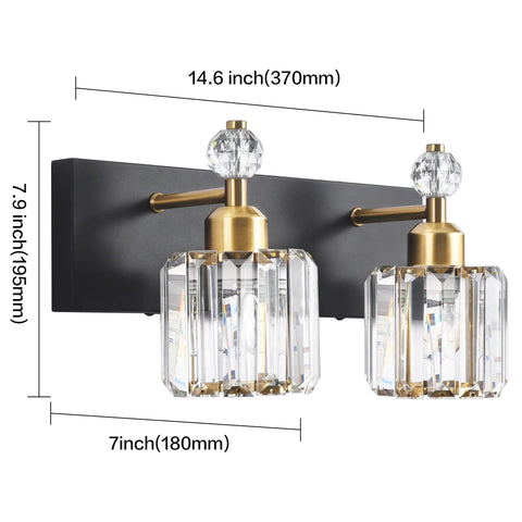 2 Crystal Vanity Light In Black And Gold Modern Over Mirror Wall Fixture With Crystal Shades, dimensions labeled.