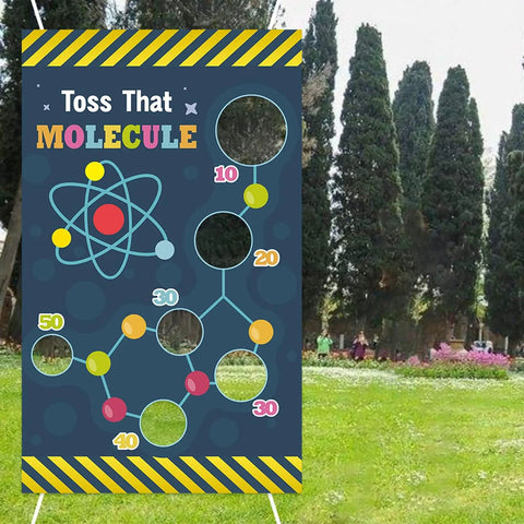Science Toss Banner Backdrop for Chemistry Party Decor Molecule Theme School Lab Classroom Decorations Party Supplies Favors and Photo Booth Background for Birthday Celebrations and Classroom Activities Totally Party Ready Science Game with molecule design in a garden setting.