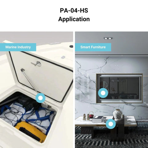 Progressive Automations PA-04-HS linear actuator, marine hatch and smart furniture application visuals