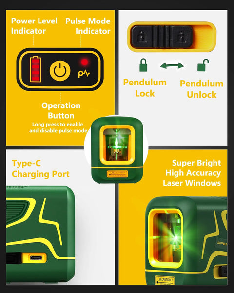 Cross Line Laser Level With Rechargeable 2200 mAh Battery Type C Charging 100 Feet Green Beam Self Leveling Features