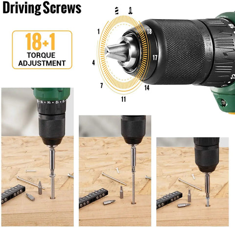 Cordless Drill Kit With 20V Max Power Half Inch All Metal Chuck 2.0Ah Lithium Battery With Fast Charger 398 In Lbs Torque 18 Plus 1 Clutch Includes 17 Drill And Driver Bits Compact Drill Driver For Home Reno And Light Construction Jobs adjusting torque with screws and bits on wooden surface