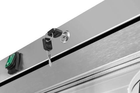 Chill Out In Style 21 Cu Ft Commercial Freezer With Glass Door White Finish features keys and locking mechanism on top.