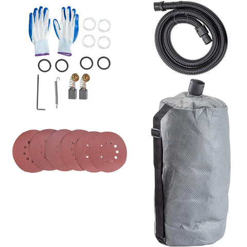 Accessories for Drywall Sander Workhorse 750W With 800 To 1750 RPM, including vacuum bag, gloves, sanding pads.