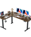 Agilestic L-Shape Standing Desk 63 Inch Electric Height Adjustable Sit Stand Corner Computer Table With Splice Board Dark Walnut features dual monitors, ergonomic design.
