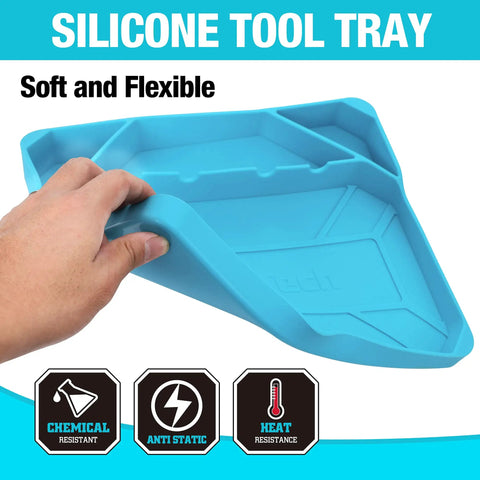 2-Piece Silicone Tool Tray Set With Non-Slip Flexible Organizer shown with flexible blue silicone material