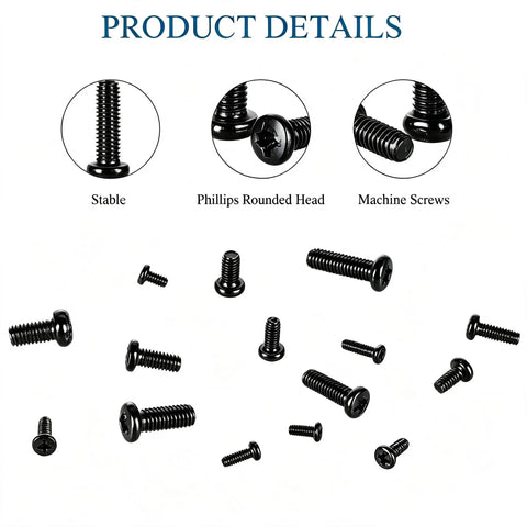 750 Pieces Black Mini Screw Assortment Kit M1.4 To M3 Phillips Pan Head Carbon Steel Fasteners displayed in various sizes.