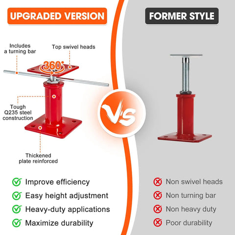 Built Like A Tank Heavy Duty 4 Pack Foundation Jacks With Swiveling Tops Adjustable 7 To 11 Inches comparison of upgraded version and former style.