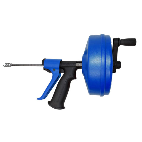 Side view of 25 Foot Drum Auger Drain Snake You Can Use Manually Or Power It With A Drill Auto Extend And Retract, blue handle.