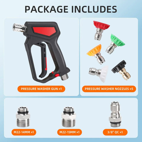 Package of Heavy Duty Pressure Washer Short Gun With Swivel, 5000 PSI 10.5 GPM, 5 Nozzle Tips, Three-Eighths Inch Quick Connect, M22 Fittings