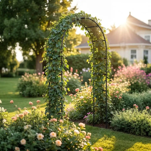 Sturdy Garden Pergola Arbor Arch Trellis With 55 Inches Wide And 94.5 Inches Tall Built To Last, black iron frame in sunny garden