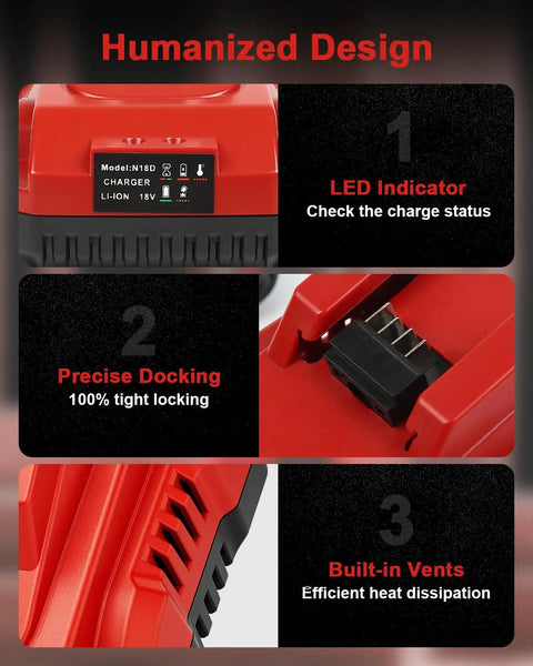 Two Pack 18V 6000mAh Replacement Battery For Milwaukee M18 Tools Long Lasting High Capacity Battery Pack With One Multi Voltage Charger Included Red Power Up For Busy Jobs charger features