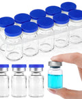 Sterile Glass Vials With Self Healing Injection Port And Plastic Aluminum Flip Caps 2ml Or 5ml Empty Vials For Injection And Peptide Storage 10 Pack Leakproof Sealing Ideal For Lab Pharmacy Or Home Use in a tray with a close-up of one vial