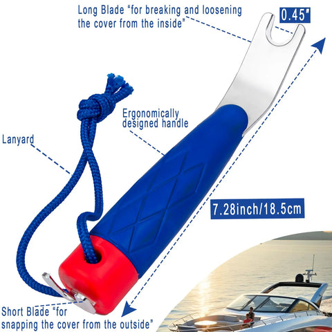 Top Snapper Tool for Boat Canvas Snaps and Cover Fastening, blue handle with double blade and lanyard, measures 7.28 inches
