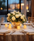 Remote Control Flameless Votive Candles 12 Pack Flickering Battery Operated LED Tealight Candles For Cozy Wedding And Christmas Decor Amber Yellow Batteries Included on decorated dining table with flower centerpiece.
