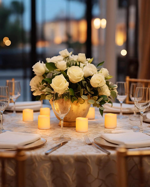 Remote Control Flameless Votive Candles 12 Pack Flickering Battery Operated LED Tealight Candles For Cozy Wedding And Christmas Decor Amber Yellow Batteries Included on decorated dining table with flower centerpiece.