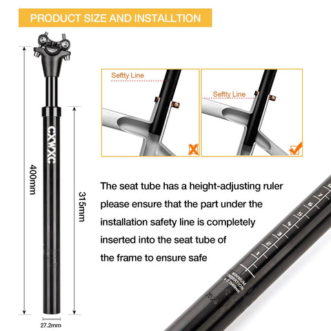 Suspension Bicycle Seat Post With Coil Spring For Comfort Fit, 27.2mm, 400mm Length