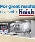 Total Game Changer Compact Countertop Dishwasher In Brushed Stainless Steel with dishes and Finish detergent in kitchen.