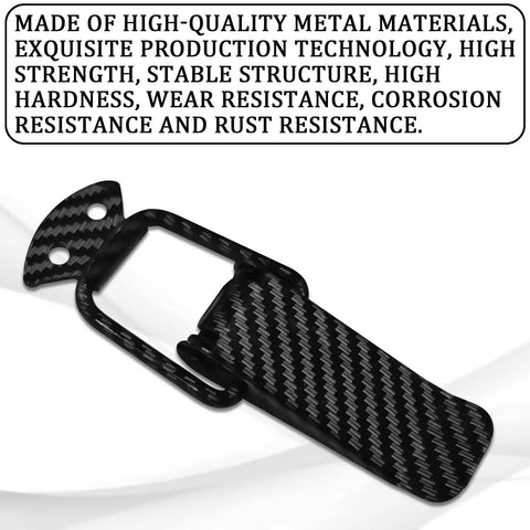 Large Quick Swap Bumper Clips Two Pack Delivers Rock Solid Spring Loaded Fasteners For Front And Rear Panels No Sweat Tool Free Install Heavy Duty Security Hook Hasps, close-up of black metal bumper clip with carbon fiber texture.
