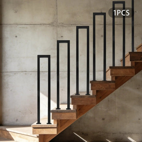 Dead Solid Three Foot U Shaped Staircase Handrail With Non Slip Grip Heavy Duty Galvanized Wrought Iron Railing on wooden steps.