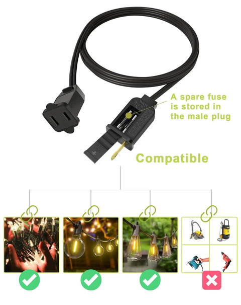 Built Tough 16 Foot Black Extension Cord With Two Prong Plug And 20 AWG Waterproof Cable designed for outdoor string lights with spare fuse.