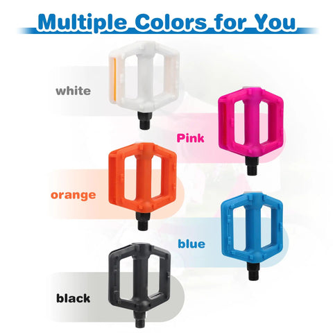 Kid Friendly 1/2 Inch Thread Universal Lightweight Non Slip Nylon Flat Pedals for Kids Bikes in multiple colors, black, blue, pink, orange, and white.