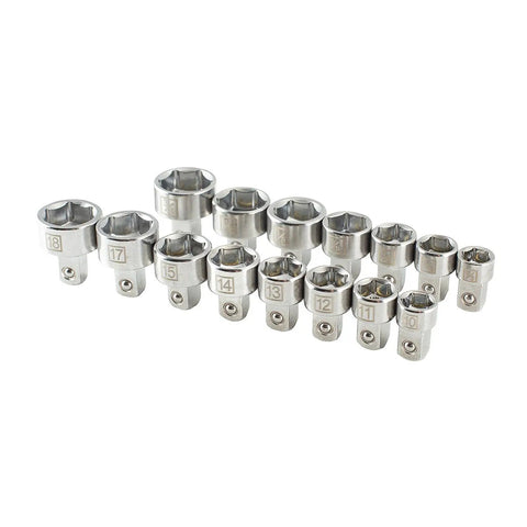 Low Profile Three Eighth Inch Drive Socket Set With Magnetic Inserts For Nuts And Bolts, Standard And Metric Sizes, displayed in a row